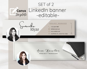 Könnte beinhalten: Set aus zwei editierbaren LinkedIn-Banner-Vorlagen. Das erste Banner zeigt eine Frau mit braunen Haaren vor einem weißen Hintergrund mit einem geometrischen Design in Schwarz und Beige. Der Text "Samantha Riyas" ist in einer kursiven Schrift geschrieben. Das zweite Banner zeigt eine Frau mit braunen Haaren vor einem weißen Hintergrund mit einem Laptop und einem Notizbuch. Der Text "Anna Hamilton" ist in einer kursiven Schrift geschrieben. Beide Banner enthalten den Text "Projektmanager" und Kontaktinformationen.