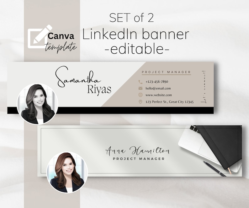 K&ouml;nnte beinhalten: Set aus zwei editierbaren LinkedIn-Banner-Vorlagen. Das erste Banner zeigt eine Frau mit braunen Haaren vor einem wei&szlig;en Hintergrund mit einem geometrischen Design in Schwarz und Beige. Der Text "Samantha Riyas" ist in einer kursiven Schrift geschrieben. Das zweite Banner zeigt eine Frau mit braunen Haaren vor einem wei&szlig;en Hintergrund mit einem Laptop und einem Notizbuch. Der Text "Anna Hamilton" ist in einer kursiven Schrift geschrieben. Beide Banner enthalten den Text "Projektmanager" und Kontaktinformationen.