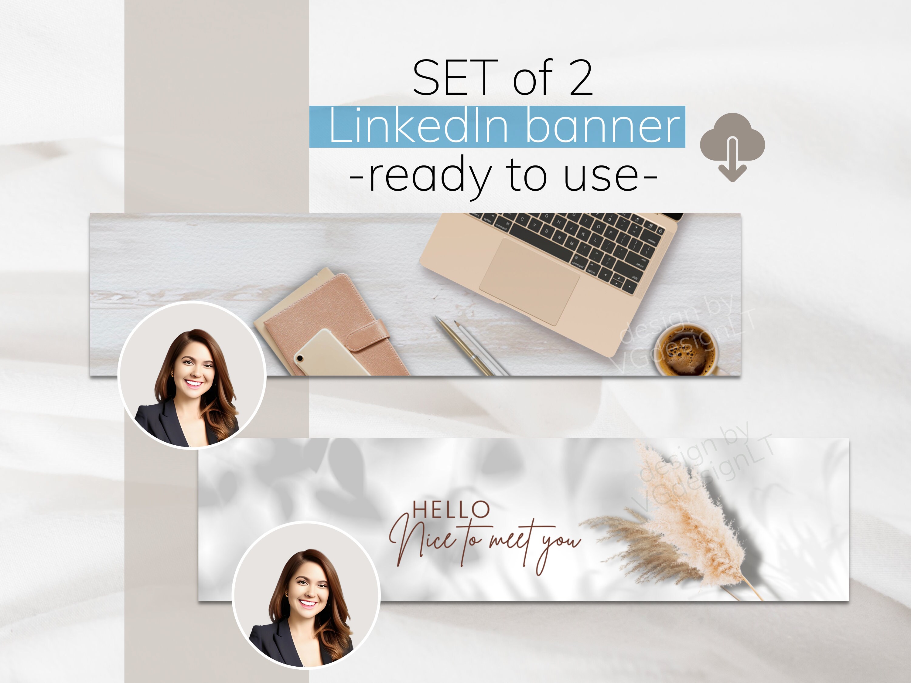 Professional Linkedin Banner SET of 2, Beige Office Workspace ...