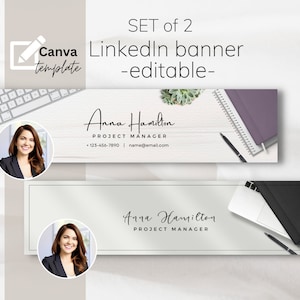 Banner professionale LinkedIn con informazioni di contatto, modello Canva, sfondo LinkedIn con taccuino, banner aziendale LinkedIn