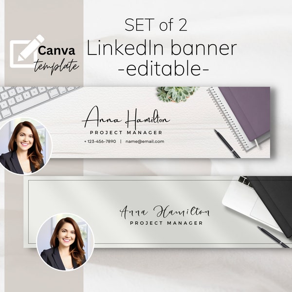 Professional  LinkedIn banner with contact info, Canva template, LinkedIn background with notebook, LinkedIn banner business