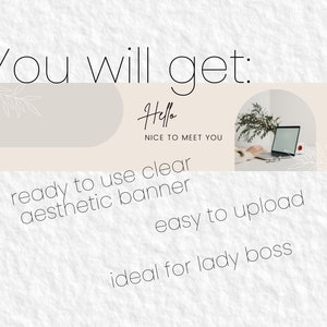 Peut inclure: Une banni&egrave;re beige avec un ordinateur portable, des plantes et le texte "Hello, Nice to Meet You". La banni&egrave;re est pr&ecirc;te &agrave; l'emploi, claire, esth&eacute;tique, facile &agrave; t&eacute;l&eacute;charger et id&eacute;ale pour une femme chef d'entreprise.