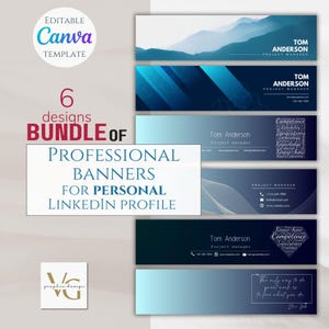 Op de afbeelding: Een bundel van zes professionele bannerontwerpen voor LinkedIn-profielen. De banners hebben verschillende blauwe en witte kleurschema's met abstracte ontwerpen en tekst die "Tom Anderson, Projectmanager" bevat.