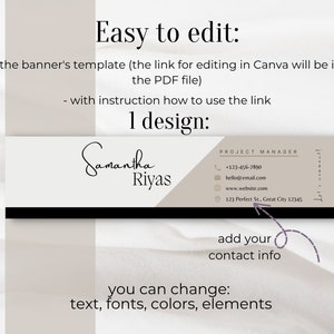 K&ouml;nnte beinhalten: Eine beige und schwarze Visitenkartenvorlage mit dem Text "Samantha Riyas" und "Projektmanager" in schwarzer Schrift. Die Karte enth&auml;lt Kontaktinformationen wie Telefonnummer, E-Mail-Adresse, Website-Adresse und physische Adresse. Der Text "Einfach zu bearbeiten" und "1 Design" ist in schwarzer Schrift auf beigefarbenem Hintergrund geschrieben. Der Text "F&uuml;gen Sie Ihre Kontaktinformationen hinzu" ist in schwarzer Schrift mit einem violetten Kreis darum geschrieben. Der Text "Sie k&ouml;nnen &auml;ndern: Text, Schriftarten, Farben, Elemente" ist in schwarzer Schrift auf beigefarbenem Hintergrund geschrieben.