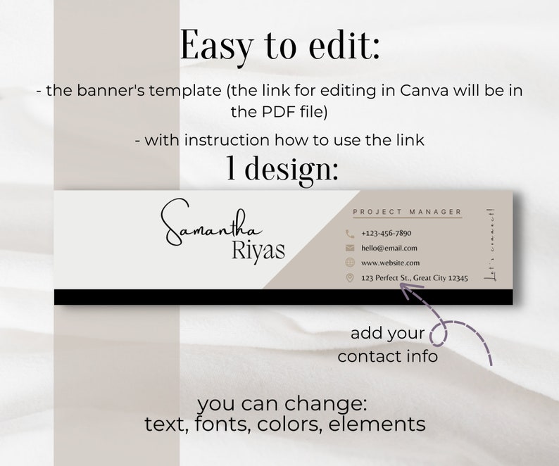 K&ouml;nnte beinhalten: Eine beige und schwarze Visitenkartenvorlage mit dem Text "Samantha Riyas" und "Projektmanager" in schwarzer Schrift. Die Karte enth&auml;lt Kontaktinformationen wie Telefonnummer, E-Mail-Adresse, Website-Adresse und physische Adresse. Der Text "Einfach zu bearbeiten" und "1 Design" ist in schwarzer Schrift auf beigefarbenem Hintergrund geschrieben. Der Text "F&uuml;gen Sie Ihre Kontaktinformationen hinzu" ist in schwarzer Schrift mit einem violetten Kreis darum geschrieben. Der Text "Sie k&ouml;nnen &auml;ndern: Text, Schriftarten, Farben, Elemente" ist in schwarzer Schrift auf beigefarbenem Hintergrund geschrieben.