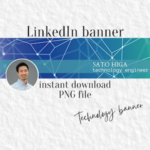 May include: LinkedIn banner with a blue and green geometric background. The banner features a headshot of a man with a light blue shirt and the text "SATO HIGA technology engineer" and "instant download PNG file". The text "Technology banner" is handwritten in black ink.