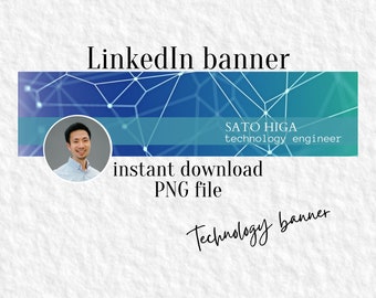 May include: LinkedIn banner with a blue and green geometric background. The banner features a headshot of a man with a light blue shirt and the text "SATO HIGA technology engineer" and "instant download PNG file". The text "Technology banner" is handwritten in black ink.