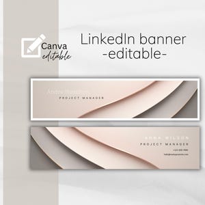 Könnte beinhalten: Ein LinkedIn-Banner-Design mit einer modernen, minimalistischen Ästhetik. Das Banner zeigt ein geschichtetes, abstraktes Design in Beige- und Grautönen. Der Text "LinkedIn banner -editable-" wird zusammen mit dem Canva-Logo und den Namen von Andre Hamilton und Anna Wilson angezeigt.