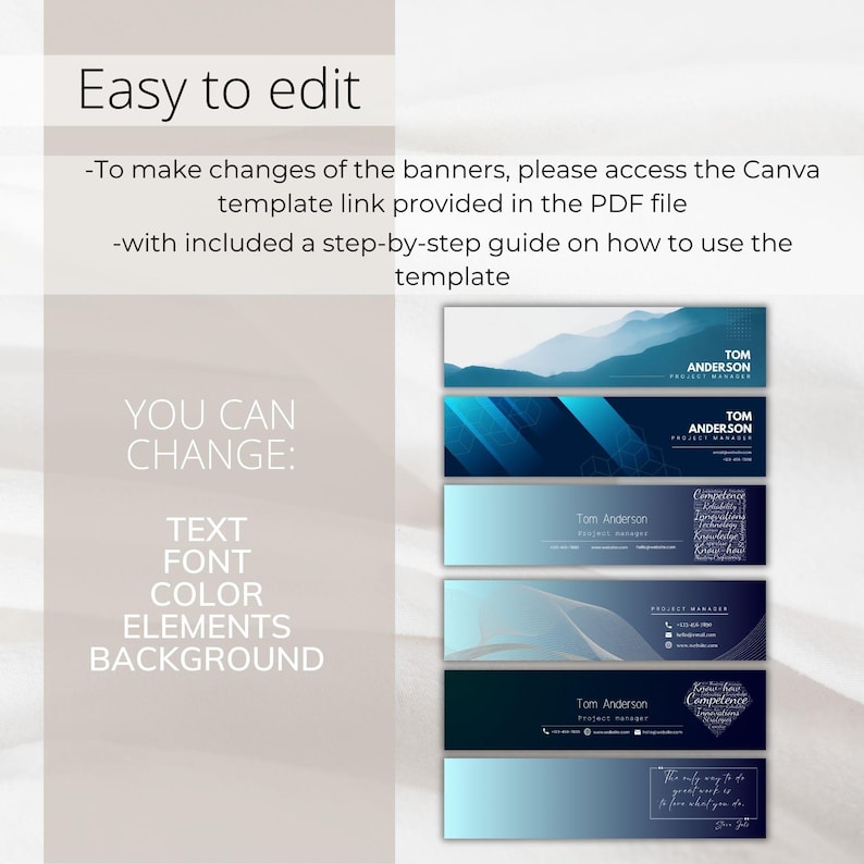 K&ouml;nnte beinhalten: Ein Satz von sechs editierbaren Social-Media-Bannern mit blauen und wei&szlig;en Farbschemata. Die Banner zeigen verschiedene Designs, darunter Berge, geometrische Formen und abstrakte Muster. Der Text "YOU CAN CHANGE: TEXT FONT COLOR ELEMENTS BACKGROUND" wird auf der linken Seite des Bildes angezeigt.