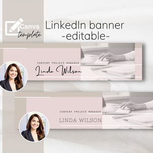 Puede incluir: Una plantilla de banner de LinkedIn con fondo rosa y borde blanco. El banner presenta una foto de perfil de una mujer, el texto "CONTENT PROJECT MANAGER" y el nombre "Linda Wilson". El banner también incluye una computadora portátil y un bolígrafo.