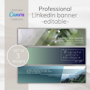 Puede incluir: Conjunto de tres plantillas de banner de LinkedIn editables. La primera pancarta presenta una imagen borrosa de un bosque con gotas de lluvia y un texto que dice "CHRISTINA SMITH GERENTE DE PROYECTO AMBIENTAL +123-456-7890 | name@email.com". La segunda pancarta presenta un fondo degradado de azul y verde con una cita que dice "La única forma de hacer un gran trabajo es amar lo que haces. - Steve Jobs". La tercera pancarta presenta un paisaje de montaña con una cita que dice "CADA CIMA DE MONTAÑA ESTÁ AL ALCANCE SI SOLO SIGUES ESCALANDO. - BARRY FINLAY".