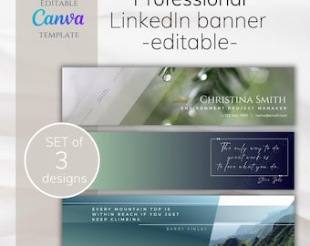 Könnte beinhalten: Satz von drei editierbaren LinkedIn-Banner-Vorlagen. Das erste Banner zeigt ein verschwommenes Bild eines Waldes mit Regentropfen und Text, der lautet "CHRISTINA SMITH UMWELTPROJEKTMANAGER +123-456-7890 | name@email.com". Das zweite Banner zeigt einen Farbverlaufshintergrund aus Blau und Grün mit einem Zitat, das lautet "Der einzige Weg, großartige Arbeit zu leisten, ist, das zu lieben, was du tust. - Steve Jobs". Das dritte Banner zeigt eine Berglandschaft mit einem Zitat, das lautet "JEDER BERGGIPFEL IST IN REICHWEITE, WENN DU NUR WEITER KLETTERST. - BARRY FINLAY".