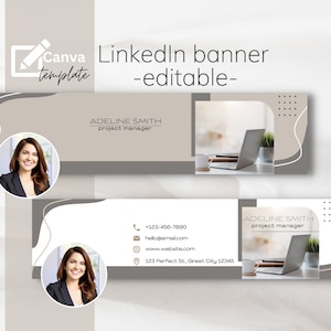 Può includere: Modello di banner LinkedIn con una foto di una donna, un laptop e le informazioni di contatto di Adeline Smith, project manager. Il banner ha uno schema di colori beige e bianco con forme astratte.