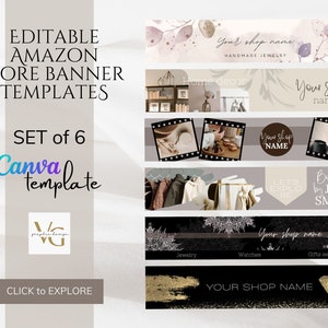 Könnte beinhalten: Satz von sechs editierbaren Amazon-Shop-Banner-Vorlagen für Canva. Die Banner zeigen eine Vielzahl von Designs, darunter florale Muster, Wohnaccessoires, Schmuck und Uhren. Der Text "Your shop name" erscheint auf jedem Banner.