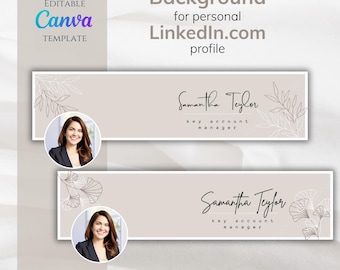Könnte beinhalten: Ein hellbrauner Hintergrund mit weißem Rand. Der Hintergrund hat ein weißes Blumenmuster. Der Text "Samantha Teylor" ist in schwarzer Kursivschrift geschrieben. Der Text "key account manager" ist in Schwarz unter dem Namen geschrieben. Ein Frauenporträt ist in einem Kreis oben links. Der Hintergrund wird im unteren Bereich mit einem anderen Blumenmuster und einem anderen Frauenporträt wiederholt.