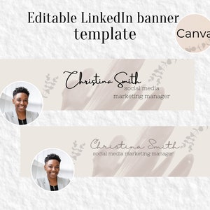 Puede incluir: Una plantilla de banner de LinkedIn beige y marrón con una foto de perfil de mujer en un círculo. El texto dice "Christina Smith, gerente de marketing de redes sociales".