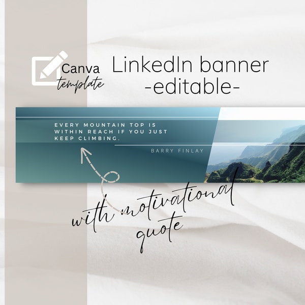 LinkedIn banner professional with motivational quote,  Gradient background mountains, Canva Template editing, Editable LinkedIn