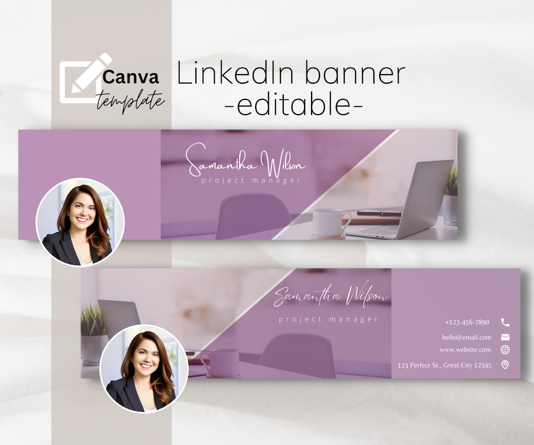 Purple Linkedin Banner Template: Editable Contact Info (canva) - Etsy