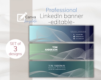 Könnte beinhalten: Satz von drei editierbaren LinkedIn-Banner-Vorlagen mit blauem, grünem und türkisfarbenem Hintergrund mit weißen abstrakten Wellenlinien. Der Text "TOM ANDERSON PROJECT MANAGER" ist auf den grünen und türkisfarbenen Bannern enthalten.