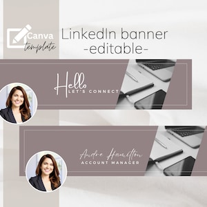 May include: LinkedIn banner template with a professional woman's headshot and the text "Hello, Let's Connect". The banner also features a laptop, a notebook, and a pen on a light brown background.