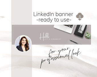 Beige Linkedin background with computer, notebook, succulent image; Professional LinkedIn banner business, with phrase Hello let's connect