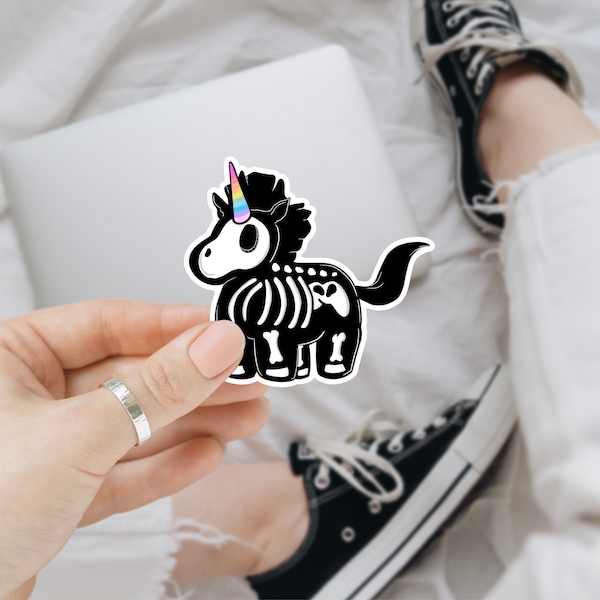 Unicorn skeleton sticker, rainbow unicorn, cute laptop sticker, dishwasher safe sticker, gift for her, spooky cute gift, magical sticker