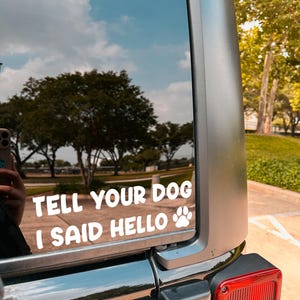 May include: A white vinyl decal on a car window reads "TELL YOUR DOG I SAID HELLO" with a paw print graphic. The car is dark gray, and the background shows a blue sky with trees.
