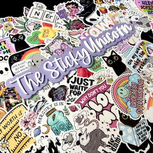 May include: A collection of colorful stickers with various designs, including cats, rainbows, and humorous phrases. The stickers feature text like "The Sticky Unicorn," "Why don't you," and "Probably Overthinking." The stickers are a mix of illustrations and text.