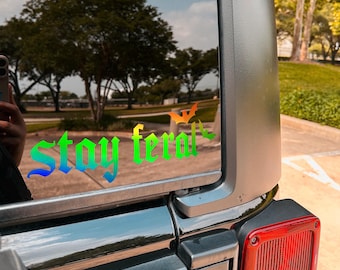 Stay feral car decal sticker, spooky girl car sticker, funny car decal, gift for her, goth girl car sticker, bat decal, spooky gift for her