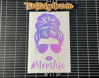 Mom life decal, messy bun bumper sticker, sunglasses sticker, #momlife, mom car decal, window sticker for her, gift idea for mom, hashtag