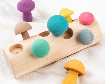Mushroom Picking log Game, Montessori Educational Wooden Baby Toy