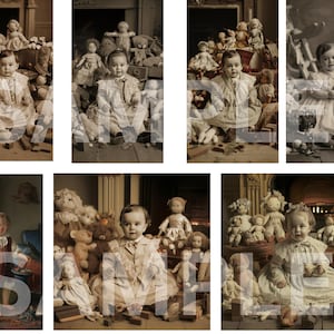 Tarjetas de felicitación con juguetes de niños victorianos, suministros para álbumes de recortes, diarios basura, collages, descargas instantáneas, licencia comercial