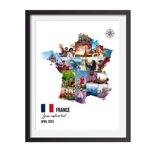 Gepersonaliseerde reiskaart Frankrijk met 18 foto's, fotocollage kaart Frankrijk, pas collage kaart Frankrijk aan, fotocollage reizen
