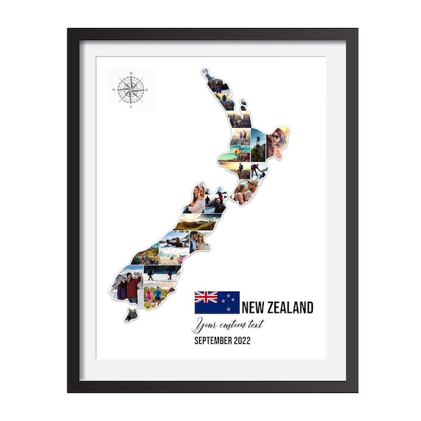 Gepersonaliseerde Nieuw-Zeelandse kaartcollage, Nieuw-Zeelandse reiscollage, aangepaste Nieuw-Zeelandse kaartcollage, reisfotocollage, huwelijksreis kunst aan de muur