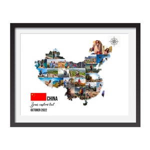 Carte de voyage personnalisée de la Chine, collage de photos de carte de la Chine, collage de carte de la Chine à personnaliser, collage de photos de voyage, art mural lune de miel