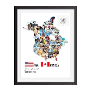 Personalisierte USA & Kanada Reisekarte, Amerika Kanada Kartencollage, Benutzerdefinierte USA und Kanada Karte, Reisefotocollage, Flitterwochen Wandkunst