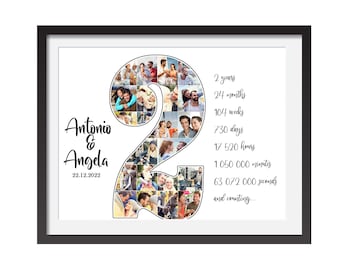 2nd Year Anniversary Gift Collage, 2 Year Wedding Gift for Husband, Number 2 Photo Collage, Personalized Gift, Custom Number Photo Collage