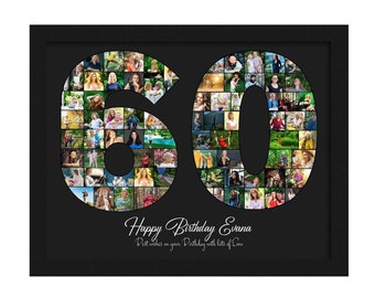 May include: A black framed photo collage of a 60th birthday celebration. The numbers 60 are made up of smaller photos. The text "Happy Birthday Evana" and "Best wishes on your Birthday with lots of Love" are printed below the numbers.