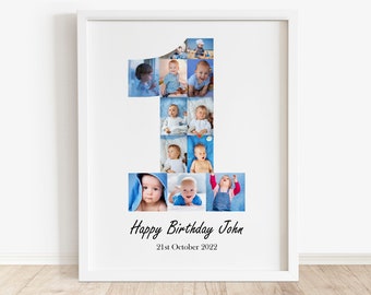May include: A white frame with a photo collage of a baby boy in a blue and white color scheme. The photos are arranged in the shape of the number one. The text "Happy Birthday John" and "21st October 2022" is printed below the collage.