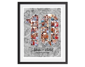 May include: A framed black and white photo collage. The number 10 is filled with multiple photos of couples. The names "Antonio & Rachel" and "Happy Wedding Anniversary" are written below the number.