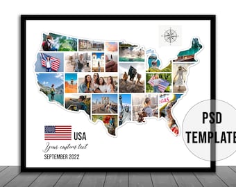 USA Map Photo Collage Template: Travel Keepsake (PSD)