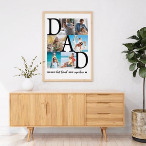 May include: A framed photo collage with the word "DAD" spelled out in large black letters. Each letter is filled with a different photo of a father and child. The text below the photos reads "You are my best friend and my superhero".