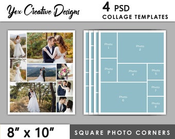 May include: A set of 4 printable collage templates for photos. Each template is 8 inches by 10 inches and features a light blue background with white borders. The templates are designed for square photos and have a total of 8 photo spaces.
