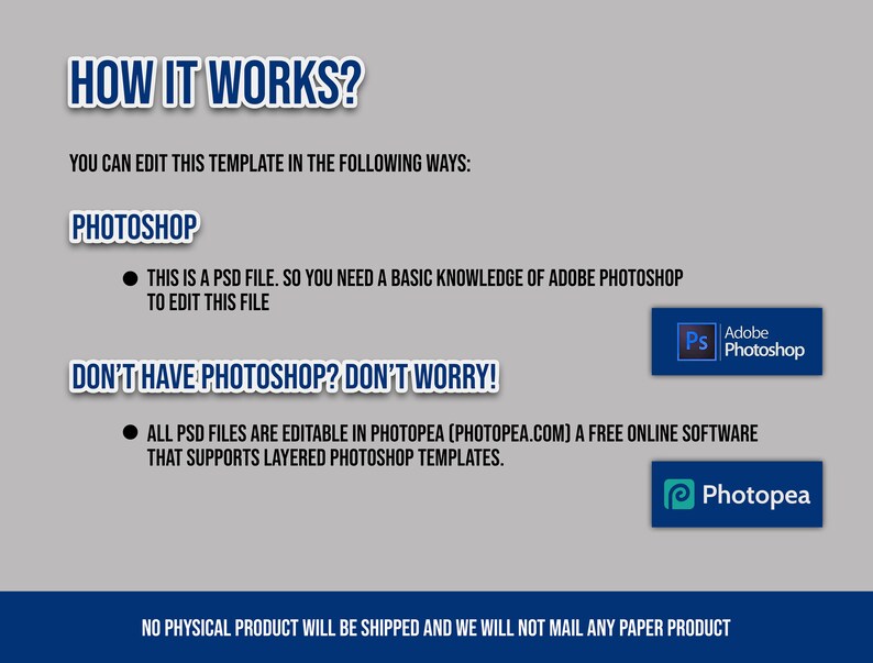May include: A graphic with text explaining how to edit a template. The text includes "HOW IT WORKS?" and "PHOTOSHOP". It also mentions Photopea, a free online software. The image includes the Adobe Photoshop and Photopea logos.