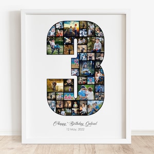 Collage de fotos personalizado para el tercer cumpleaños, collage negro de 3 años, regalo de cumpleaños número 3, collage personalizado, regalo de collage de fotos para el tercer cumpleaños, collage con el número 3