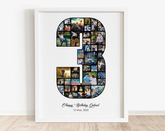 Personaliseer 3e fotocollage, zwarte 3 jaar collage, 3e verjaardagscadeau, gepersonaliseerde collage, derde fotocollage cadeau, collage nummer 3
