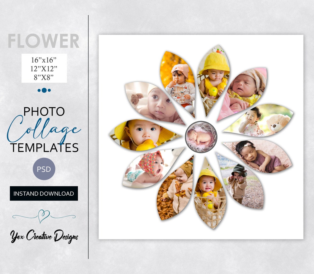 Flower Photo Collage Template in 16 X 16, 12 X 12, 8 X8 Inches