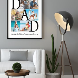 May include: A black and white photo collage of a father and his children. The photos are arranged to spell out the word "DAD". The text below the photos reads "You are my best friend and my superhero".