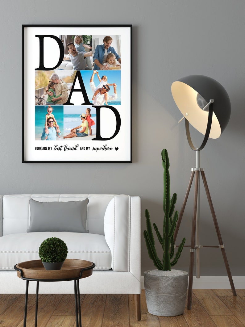 May include: A black and white photo collage of a father and his children. The photos are arranged to spell out the word "DAD". The text below the photos reads "You are my best friend and my superhero".