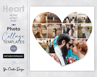 Heart Photo Collage Template: Photoshop PSD, 24x24, 12x12, 8x8 (Digital Download)